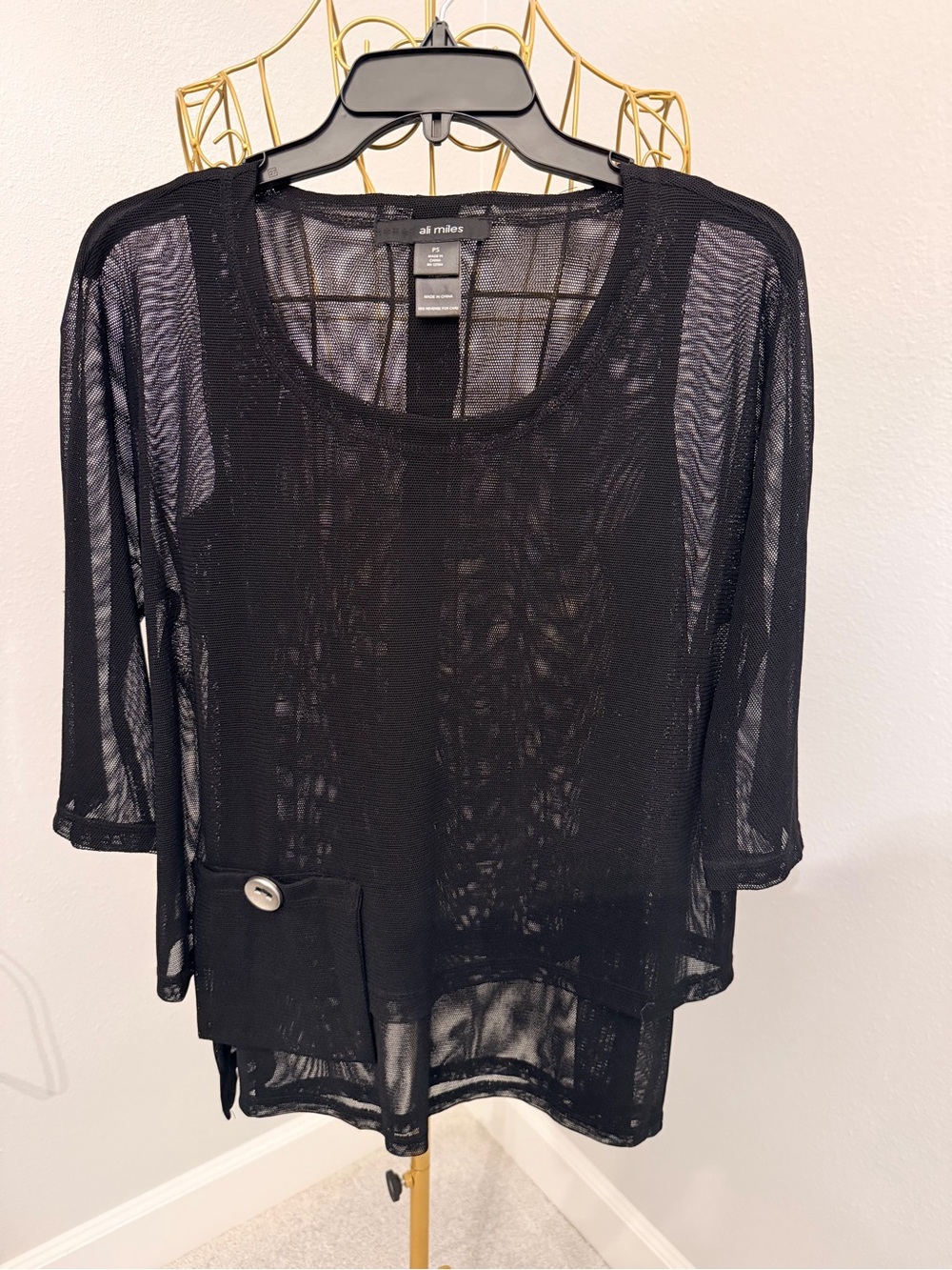 Ali Miles Black Sheer Layered Knit Long Sleeve Top